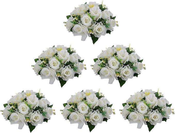 LoveCat Artificial White Roses Bouquet, 6 Pcs Faux Flower Balls Fake Flower 15 Heads Plastic Roses with Base, Perfect for Wedding Centerpieces Bouquets Party Table Decor Home Decor Floracel (White)
