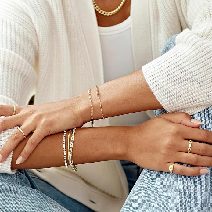 PERNNLA PEARL Dainty Gold Bar Bracelet for Women Simple Delicate Thin Cuff Bangle Hook Bracelet 18K Gold Plated Handmade Minimalist Jewelry
