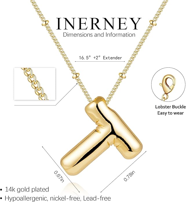 Inerney Valentines Day Gifts Gold Bubble Letter Necklace Initial Necklaces for Women, Chunky 14K Plated Balloon Initials, Trendy Charm Non Tarnish Custom Name Pendant Jewelry Gifts for Mom