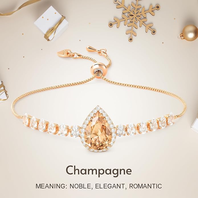 Linawe Crystal Imitation Diamond Rhinestone Charm Bracelets for Women, Gold/Silver/Rose Gold Adjustable Chain Bracelet, Teardrop Birthstone Cubic Zirconia Prom Costume Wedding Jewelry