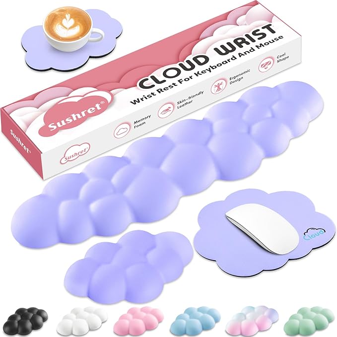 Cloud Wrist Rest for Computer Keyboard, 4-in-1 Memory Foam Leather Cloud Keyboard Wrist Rest and Mouse Pad Set with Ergonomic Support for Arm and Palm Cushion, Gaming/Work Setup, Purple