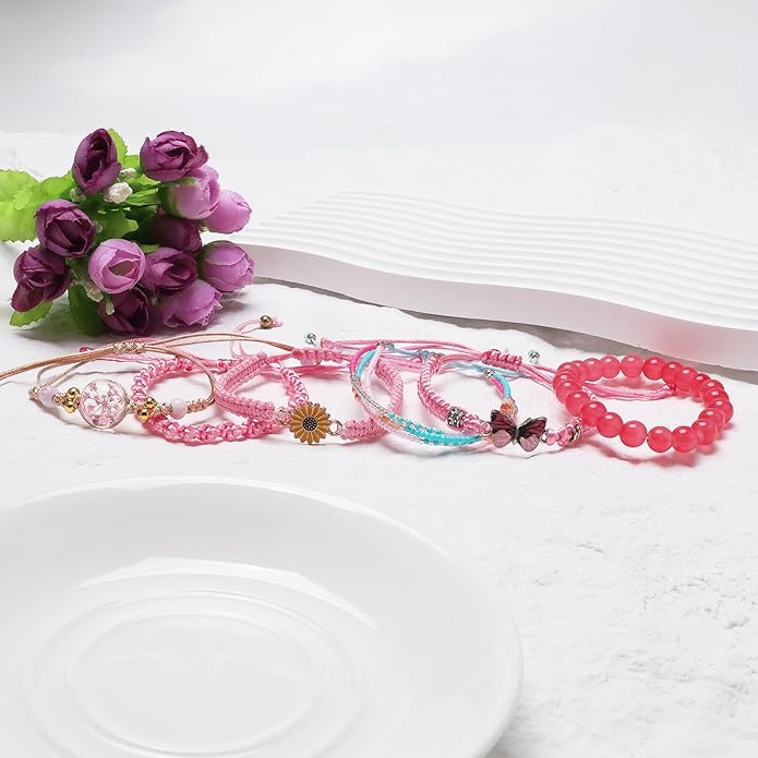 DS 6PCS String beads Charm Bracelets for Teen Girls Handmade Braided Rope Butterfly daisies Eternal flower Boho Surfer Bracelet for women Adjustable friendship Stretch birthday jewelry Gift Friends
