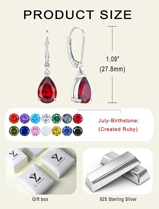 YL 925 Sterling Silver Teardrop Dangle Drop Earrings for Women 7x10 MM Solitaire Birthstone Leverback Jewelry