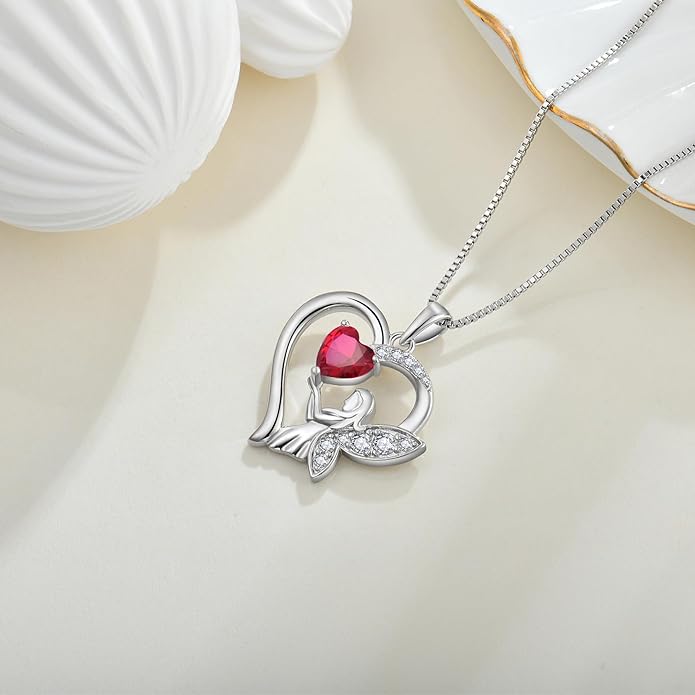 Guardian Angel Necklace 925 Sterling Silver Heart Angel Wings Pendant Birthstone Jewelry for Women