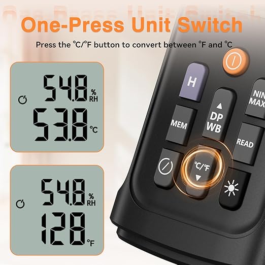 YT606 Temperature Humidity Meter High Precision Digital Hygrometer with Ambient, Relative Humidity, Dew Point, Wet Bulb Thermometer for Indoor Outdoor, Digital Thermometer Min/Max Hold, LCD Backlight