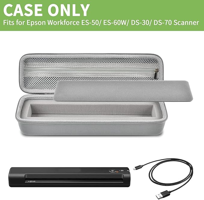 Case Compatible with Epson Workforce ES-50/ ES-60W/ ES-55R/ ES-65WR/ DS-30/ DS-70/ DS-80W Portable Sheet-Fed Document Scanner, Storage for Epson Scanner for PC and Mac- Grey (Box Only)