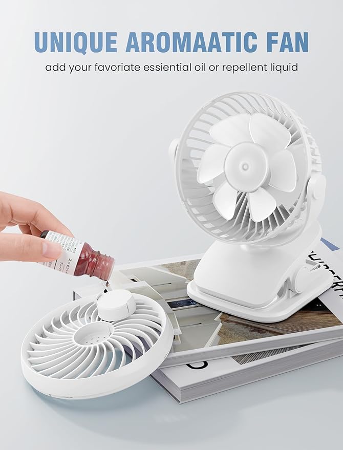 Shinebella AA Battery Powered Clip on Fan with 4-Speed, 5’’ Small Desk Fan with Aroma Function, USB Powered, 360°Rotation, Ultra Quiet, for Golf Cart, Stroller, Bedroom,Car(Batteries Not Included)