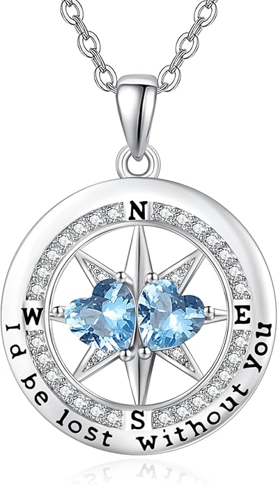 Compass Necklace for Women, Exquisite S925 Valentines Day Anniversary Birthday Gifts for Wife Her Double Birthstone Pendant Jewelry ‘I'd be Lost Without You’