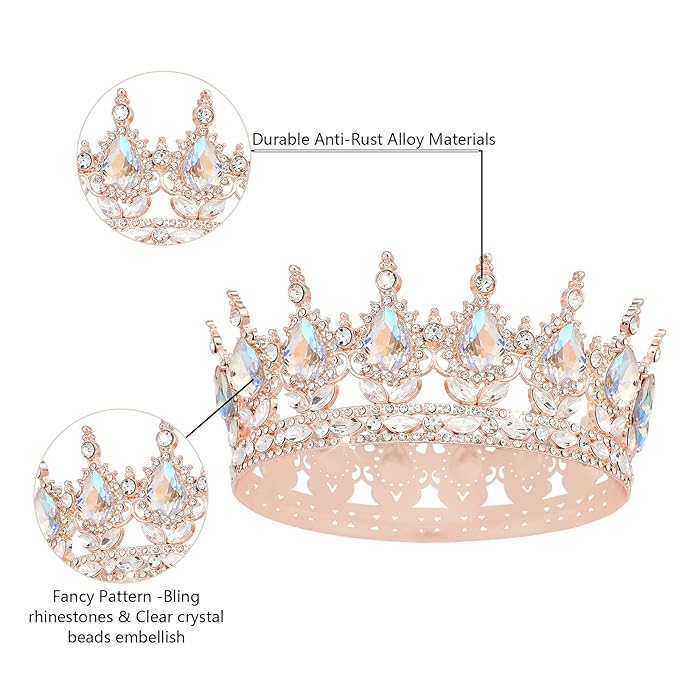 Rose Gold Princess Crown - Glamorous Wedding & Party Tiara for Women & Girls - Sparkling Rhinestones - Comfortable & Hypoallergenic - Perfect for Halloween, Prom, Birthday, Wedding & More