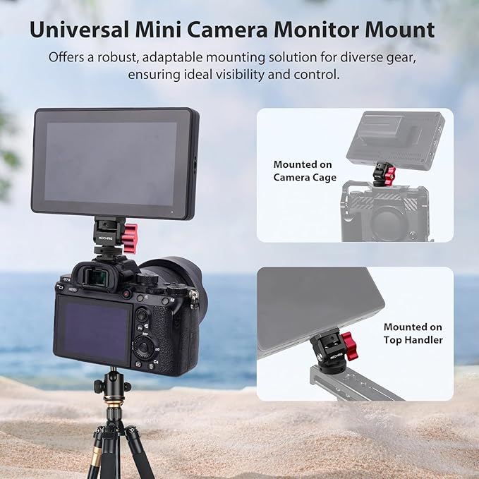 Mini Camera Monitor Mount with Cold Shoe, Aluminum Field Monitor Mount with 1/4″ Screw for LED Light Mic Cage, Cold Shoe Adapter 360° Swivel & 180° Tilt Damping (with Knob 63142)