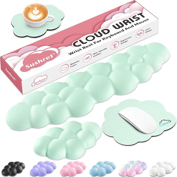 Cloud Wrist Rest for Computer Keyboard, 4-in-1 Memory Foam Leather Cloud Keyboard Wrist Rest and Mouse Pad Set with Ergonomic Support for Arm and Palm Cushion, Gaming/Work Setup, Light Green