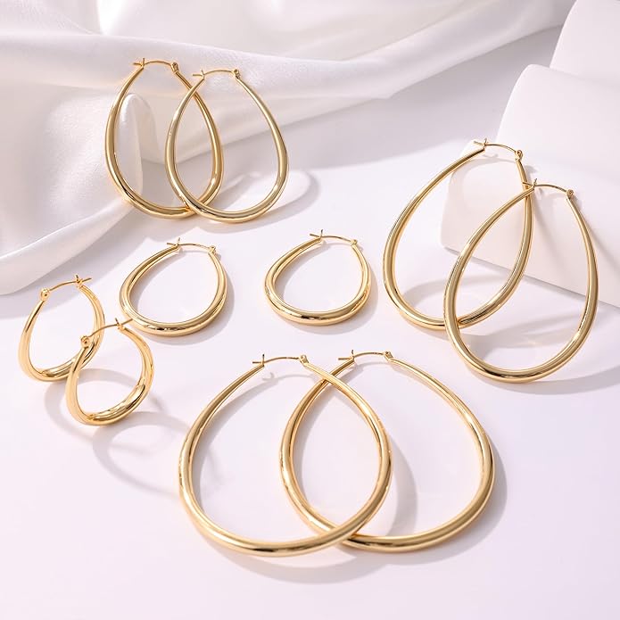 Gacimy Chunky Hoop Earrings for Women, 14K Gold Plated Oval Hoop Earrings with 925 Sterling Silver Post