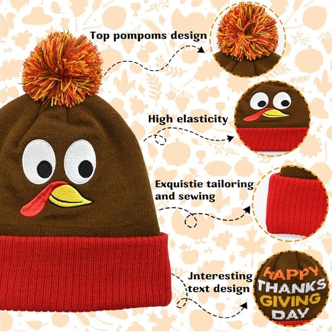 2PACK Thanksgiving Pom Pom Beanie Hats, Turkey Beanie Hat Running Hats Turkey Knitted Cap for Adults Thanksgiving Party Orange