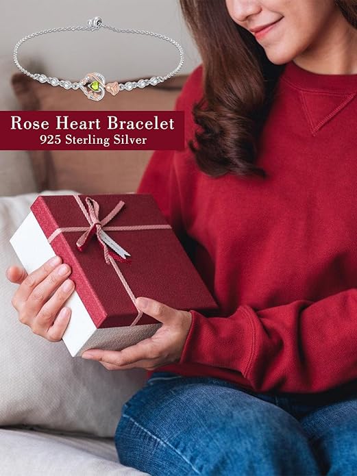 Birthstone Charm Link Bracelet 925 Sterling Silver Rose/Heart/Mom Bracelet with 12 Months Birthstone Mother's Day Gift Jewelry Gifts for Women,Chain Length 7"+2" Extend
