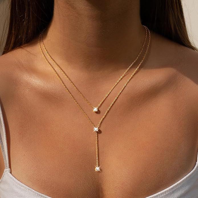 Fullpop Dainty Gold Necklaces for Women, 18k Gold Layered Lariat Necklace for Women Long Gold Choker Necklaces for Women Statement Diamond Heart Pendant Necklace Body Chain Jewelry for Women