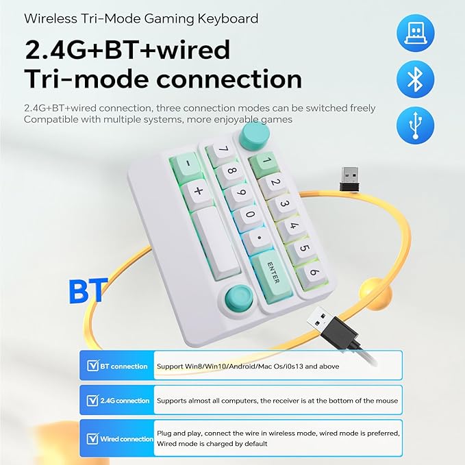 Adventurers W909 Wireless RGB Mechanical Numeric Keypad, Hot-Swappable, Macro-Programmable Numpad, Joystick & Knob Control for PC/Tablet/Laptop/Phone, Tri-Mode Connectivity (White)