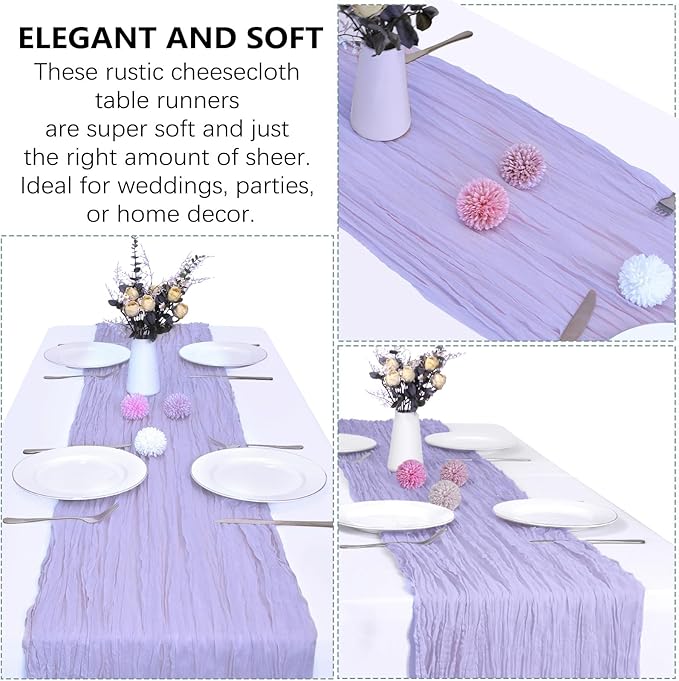 12 Pack Lavender Purple Cheesecloth Table Runner 10FT Boho Gauze Fabric Purple Table Runner 35 x 120 Inch Rustic Sheer for Home Wedding Decor Baby Shower Party Decoration