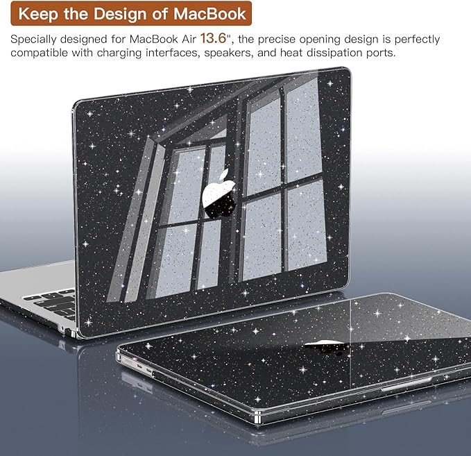 CISSOOK Black Glitter Case for MacBook Air 13.6 inch 2025 2024 2022 Release Model A3240 A3113 A2681, Sparkly Black Hard Shell Case with Keyboard Cover USB Adapter for MacBook Air 13 M2 M3 M4