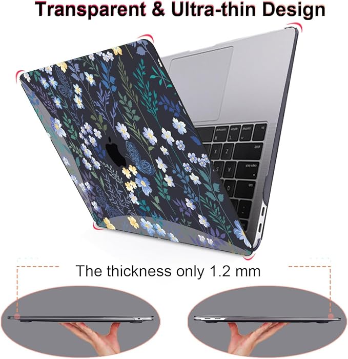 for M1 MacBook Air 13 Inch Case 2021 2020 2019 2018 Release M1 A2337 A2179 A1932 Cover with Retina Display & Touch ID, Printed Pattern Plastic Hard Shell Case, Meadow Wildflower Black