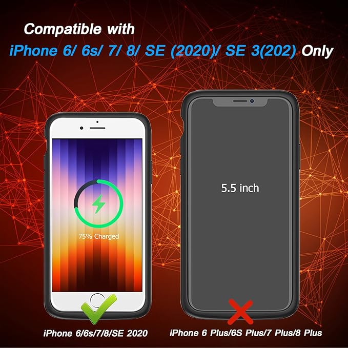 Battery Case for iPhone 7/8/6s/6/SE 2020/SE 3, [10000mAh] Rechargeable Smart Extended Charging Case Compatible with iPhone SE 3/6/6s/7/8/SE 2020 (4.7 inch) Backup Power Battery Pack Charger Case-Black
