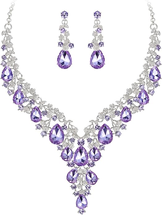 BriLove Women's Wedding Bridal Austrian Crystal Teardrop Flower Cluster Statement Necklace Dangle Earrings Jewelry Set for Party Prom