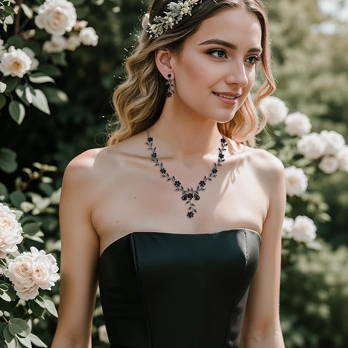 BriLove Women's Wedding Jewelry Leaf Cluster Flower Crystal Dangle Earrings Pendant Necklace Set for Bridal