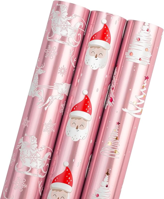 MAYPLUSS Pink Christmas Wrapping Paper - 17In x 120In Per Roll - Girly Festive Metallic Foil Trees, Cute Santa, Winter Sled Design Christmas Girls Pink Gift Wrap Paper for Winter Holiday, Birthday