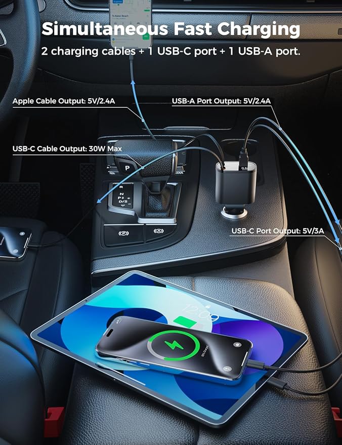 【Upgraded】 SUPERONE Retractable Car Charger 4 in 1, Fast Car Phone Charger with Cord 2.6ft, USB C and Apple Car Adapter, Compatible with iPhone 16 15/15 Pro Max/14/13/12/11, Galaxy, Pixel
