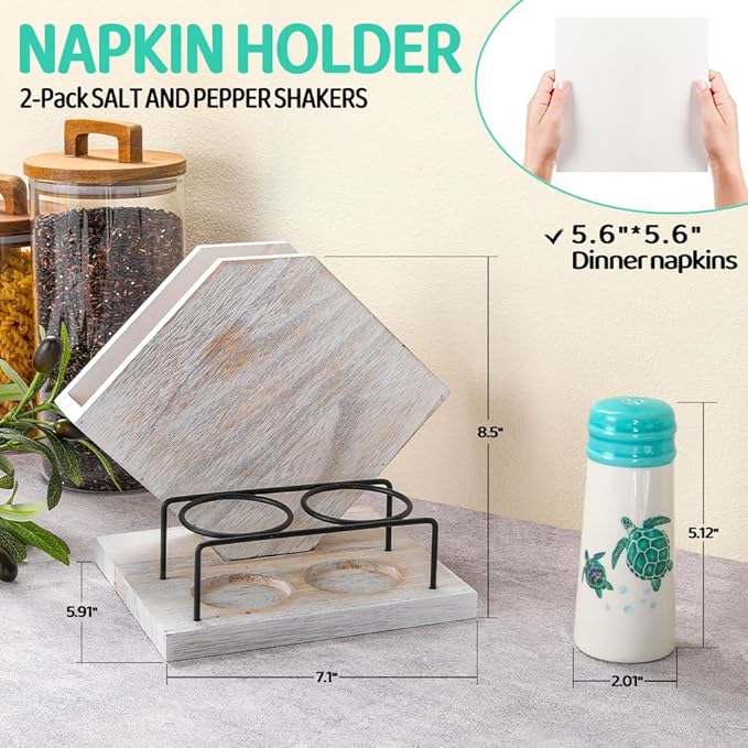 Rustic Farmhouse Napkin Holder Set - Natural Wood Kitchen Organizer with Turtle 2 Salt & Pepper Shakers for Countryside Dining & Minimalist Home Decor (Gift Ready)
