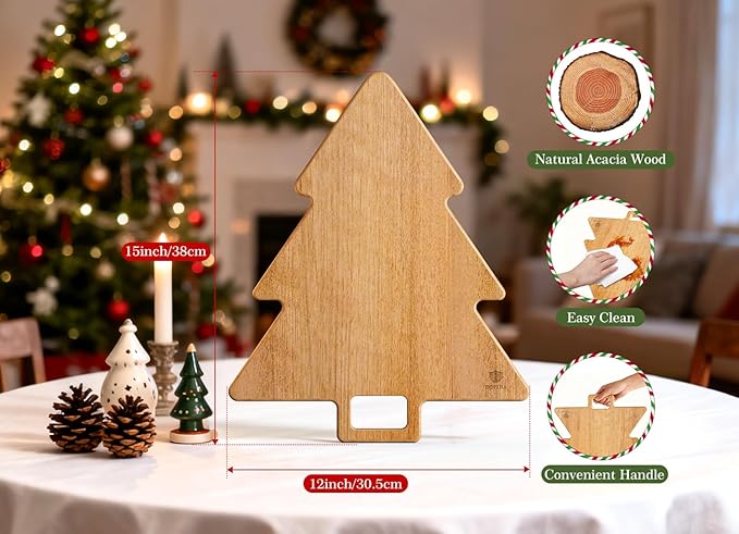 Acacia Wood Christmas Tree Cutting Board 15x12 Inch Charcuterie Board with Handle, Xmas Cheese Appetizer Tray, Wooden Decorative Serving Platter for Holiday Kitchen Party