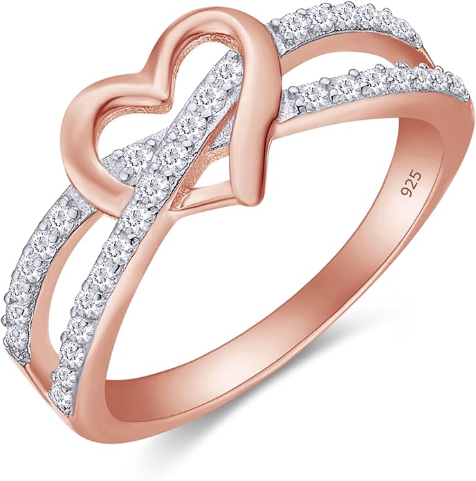 Infinity Heart Promise Ring Natural Diamond, Cubic Zirconia, Moissanite or Lab Grown Diamond Split Shank Engagement Ring for Women 10K Solid Gold Or 14K Gold Over Sterling Silver Jewelry Gift for Her