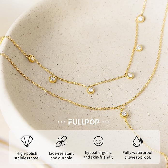 Fullpop Dainty Gold Necklaces for Women, 18k Gold Layered Lariat Necklace for Women Long Gold Choker Necklaces for Women Statement Diamond Heart Pendant Necklace Body Chain Jewelry for Women