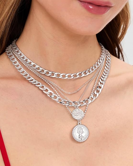 MJartoria Layered Necklaces for Women Trendy Retro Coin Pendant Necklace Dainty Chunky Chain Necklaces for Jewelry Birthday Gifts
