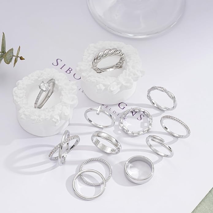 FAXHION 12 PCS Dainty 14K Gold Rings for Women, Eternity Open Chunky Twist Simulated Diamond Criss Cross Designs, Non Tarnish Gold Plated Stacking Thumb Ring, Perfect for Wedding Bands Size 5-11
