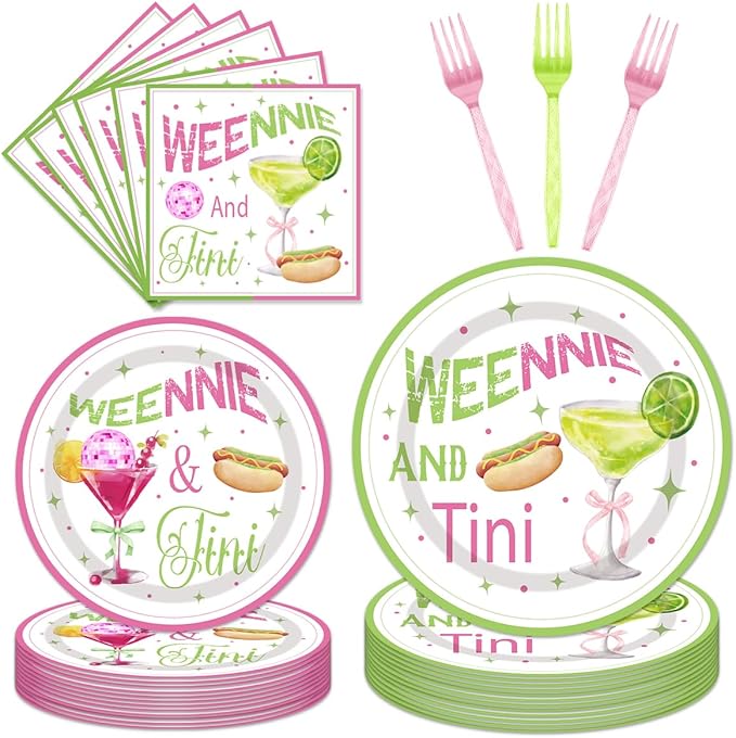 96Pcs Martini Party Decoration Disposable Tableware Set - Weenies and Tini Paper Plates Napkins Forks Pink Green Martini Theme Bridal Shower Engagement Bachelorette Party Supplies Serve 24 Guests