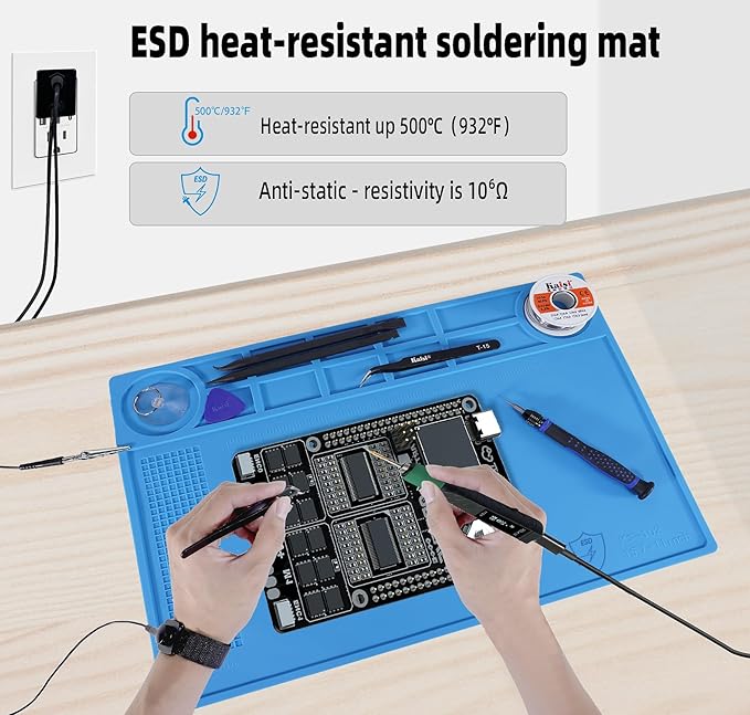 Kaisi Anti-Static Mat with ESD Wrist Strap and Grounding kit, Silicone Soldering Repair Work Mat 932°F Heat Resistant ESD Safe pad for Electronic, Phone, iPhone, iPad, iMac, Laptop, Computer, Watch