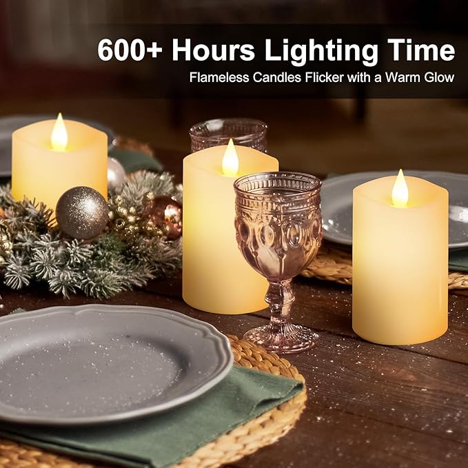 3PCS, 3 x 5 inches Flameless Candle with Remote Control, 3D Flickering Wick, Real Wax, Battery Candles,with Timer,Battery Powered Candles,for Holiday Home Decor,Ivory