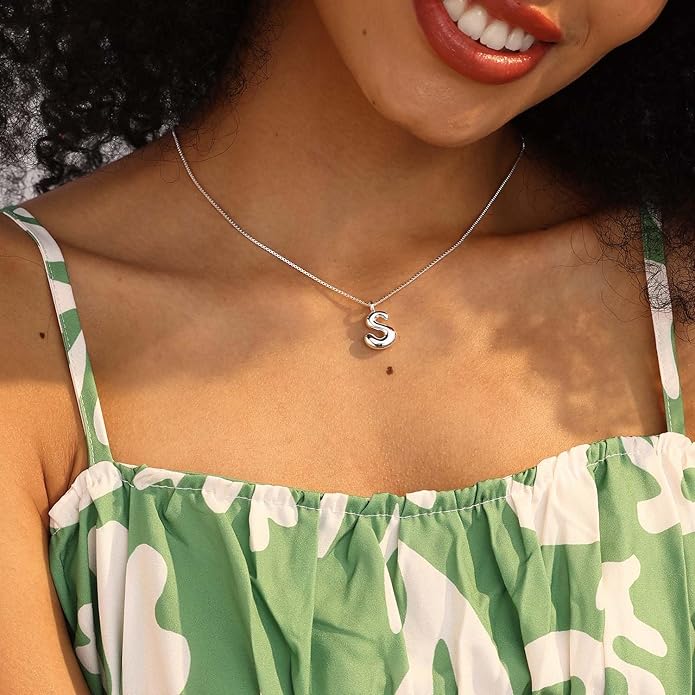 Bubble Gold Silver Letter Necklace Initial Necklaces for Women Trendy 14K Dainty Charm Pendant Name Necklace Personalized Jewelry Gift for Women Teen