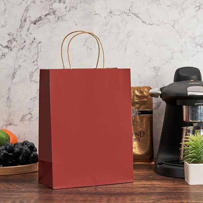 METAPRINT 100 Pcs Paper Gift Bags 8x4.5x10.8 Inch Red Kraft Bag with Handles Bulk for Birthday Wedding Party Favor Bags, Paper Shopping Bags
