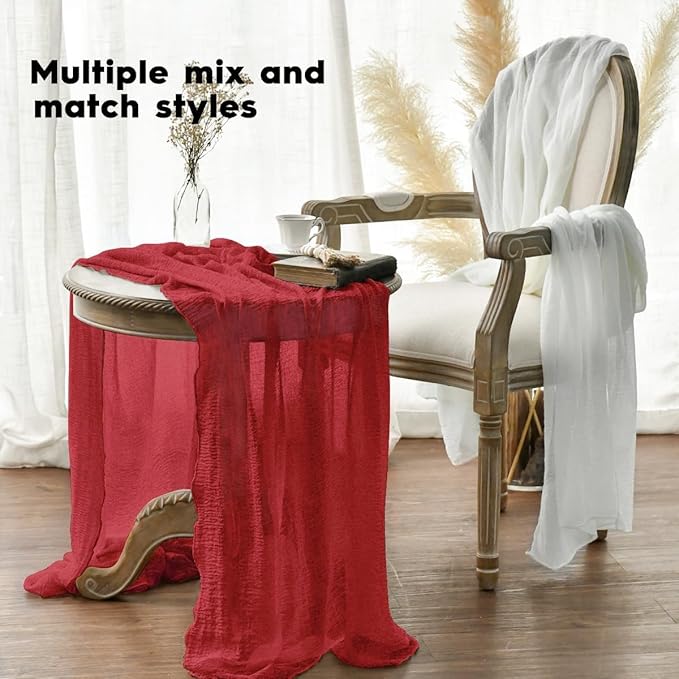 Artoid Mode Boho Red Gauze 6 Pieces Wedding Table Runner, 120 Inch Birthday Fabric Kitchen Dining Holiday Table Decor for Home Party Indoor