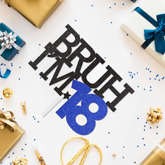 Bruh I'm 18 Cake Topper, 18th Birthday Decorations for Boy, Glitter Funny 18th Birthday Cake Topper, Bruh 18 Year Old Birthday Party Decoration Supplies