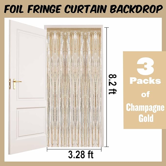 3 Pack Champagne Gold Foil Fringe Curtains Backdrop, 3.28 x 8.2 Ft Metallic Streamers Tinsel Curtains Background for Photo Booth, Birthday, Halloween, Christmas, New Year Party Decorations