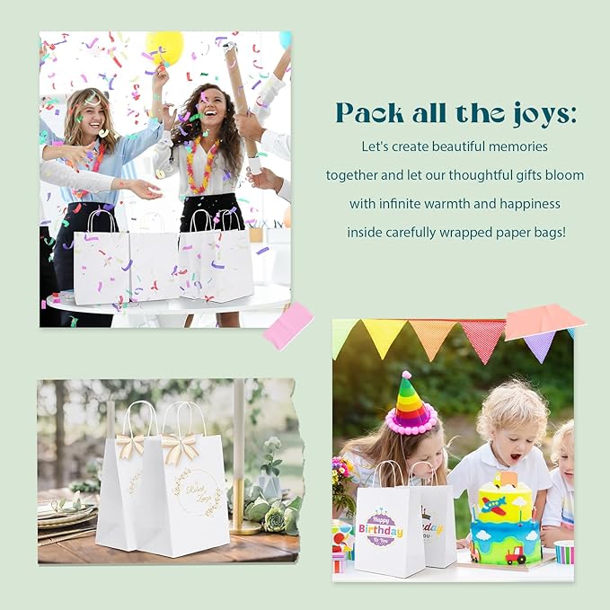 MESHA White Paper Gift Bags 8x4.25x10.5 Inch with Handles 50Pack, Recycled Kraft Shopping Bags Bulk for Business Grocery Birthday Wedding Kids Party Favors Retail