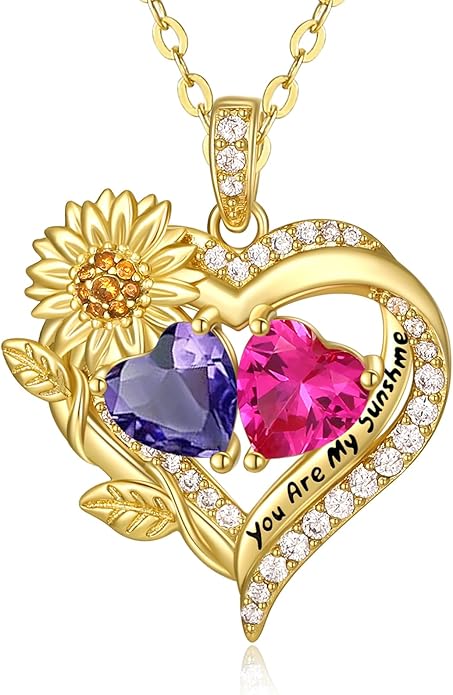 Sunflower Heart Necklace for Women 14K Gold Exquisite Valentines Day Anniversary Birthday Gifts for Wife Mother Her Double Birthstone Pendant Jewelry‘You Are My Sunshine’