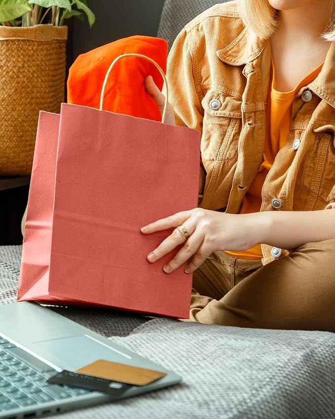 qiqee Rose Red Gift Bag with Handles Bulk 24Pcs Paper Bags -10.6"x8.3"x4.3"Party Favor Bags - Solid Color