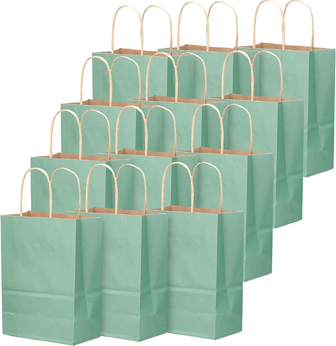 qiqee Large Kraft Paper Bags with Handles 13"x10"x5" 32 pcs Gift Paper Bag Light Blue Solid Color Bags（Large Size）