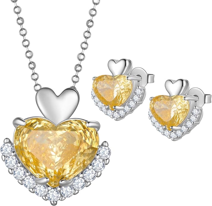 Love Heart Necklaces and Earrings with Rose Cut Birthstone Silver Plated Elegant Jewelry Set for Women CS0002