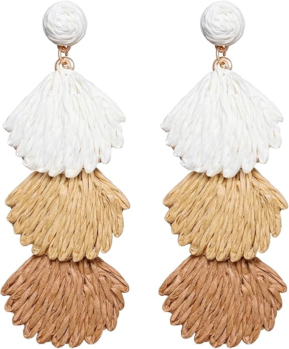 Raffia Dangle Earrings for Women - Boho Statement Rattan Drop Jewelry with Shell Design, Lightweight Summer Beach Trendy Accessories