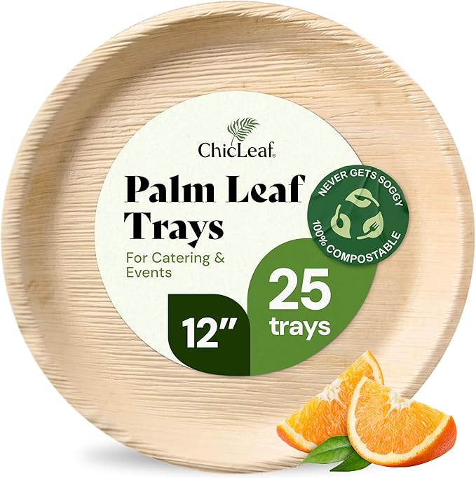 Chic Leaf 100% Compostable Disposable Palm Leaf Tray - Paper Plates Alternative - Disposable Charcuterie Boards Accessories - Round Bamboo Plates Thanksgiving Dinner (12'', 25 Count)