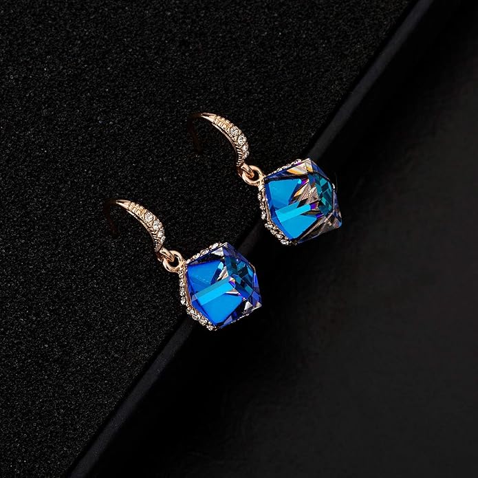 Austrian Crystal Cube Drop Dangle Earrings for Women 14K Gold Plated Hypoallergenic Jewelry